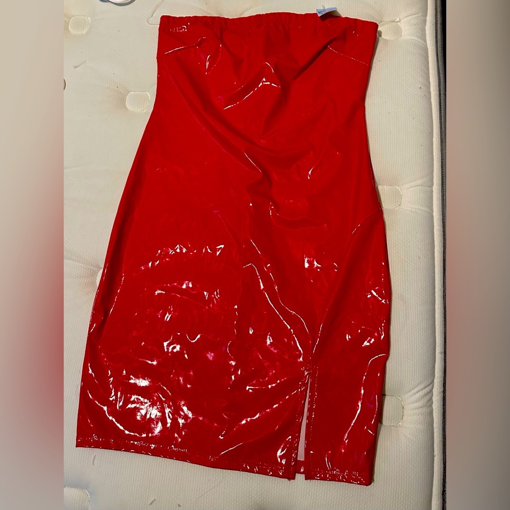 Red faux leather dress
